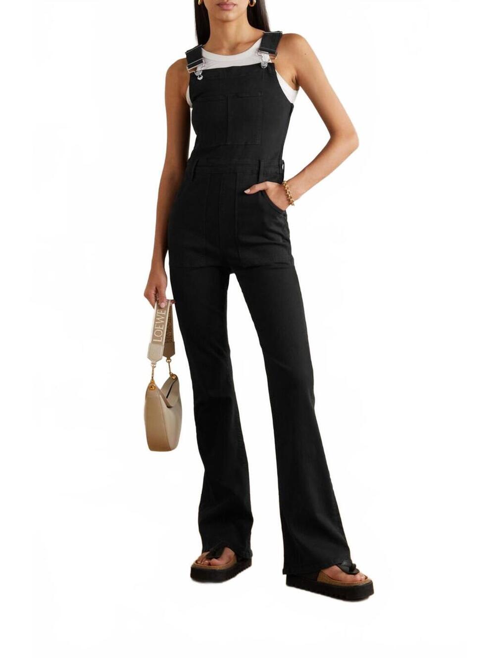 FRAME Le High Flare Denim Overalls Film Noir Black Medium